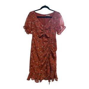 Miss Lola Rust Floral Ruched Front Cutout Midi Dress